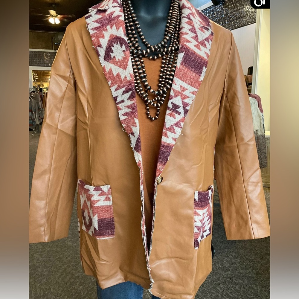 POL Tribal Navajo Aztec Faux Leather Jacket Size M Oversized